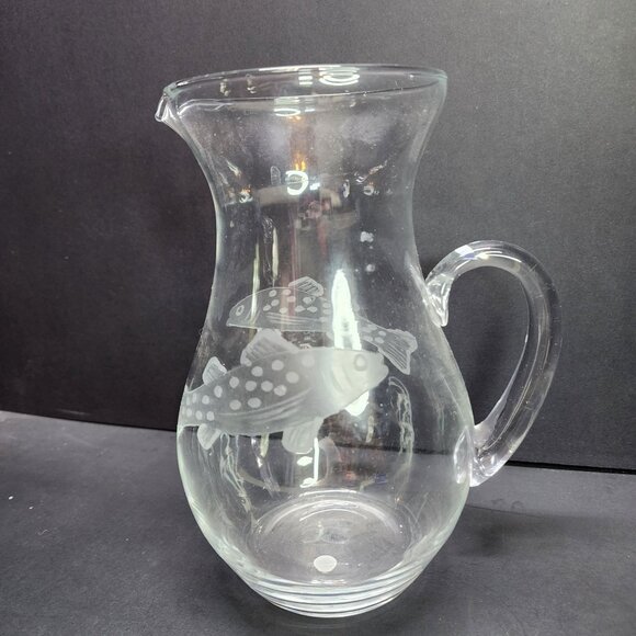 Vintage Clear Glass Serving Pitcher Etched Fish Design 8.25'' Tall - Picture 3 of 6